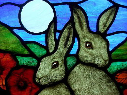 Stained Glass Poppy Daisy Hares Moon close-up
