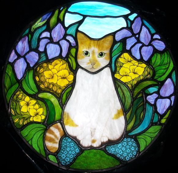 Ginger Biscuit Cat Stained Glass Roundel Panel