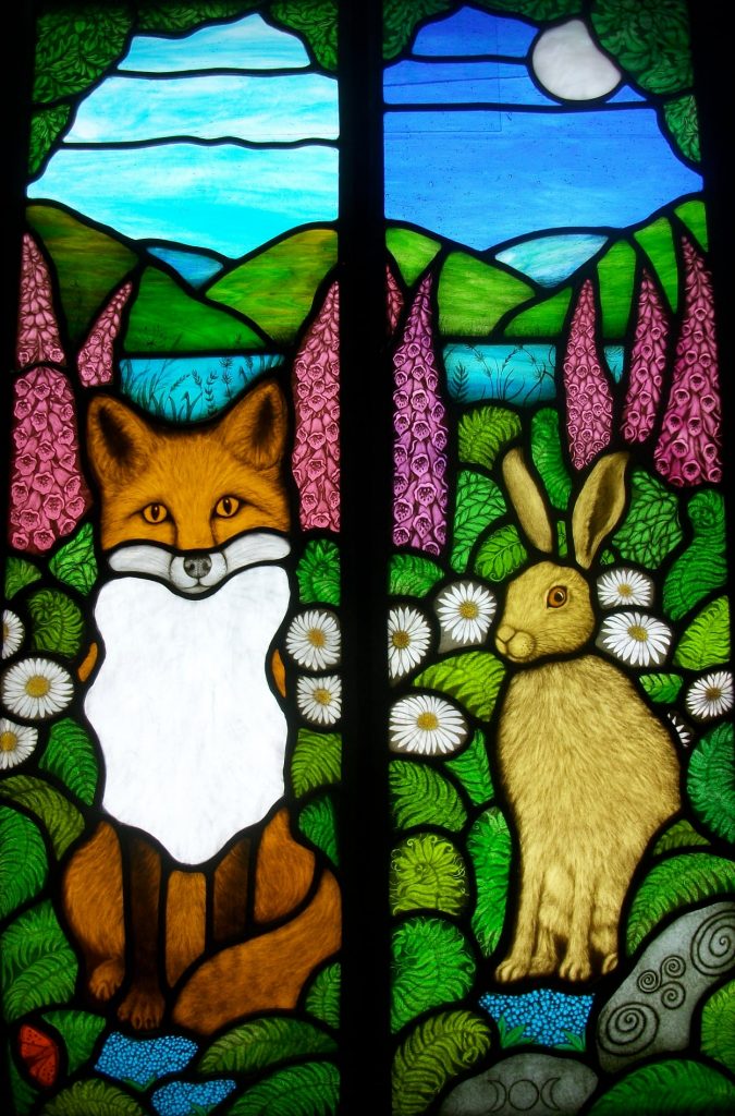 Fox and Hare Stained Glass Double Panel for door